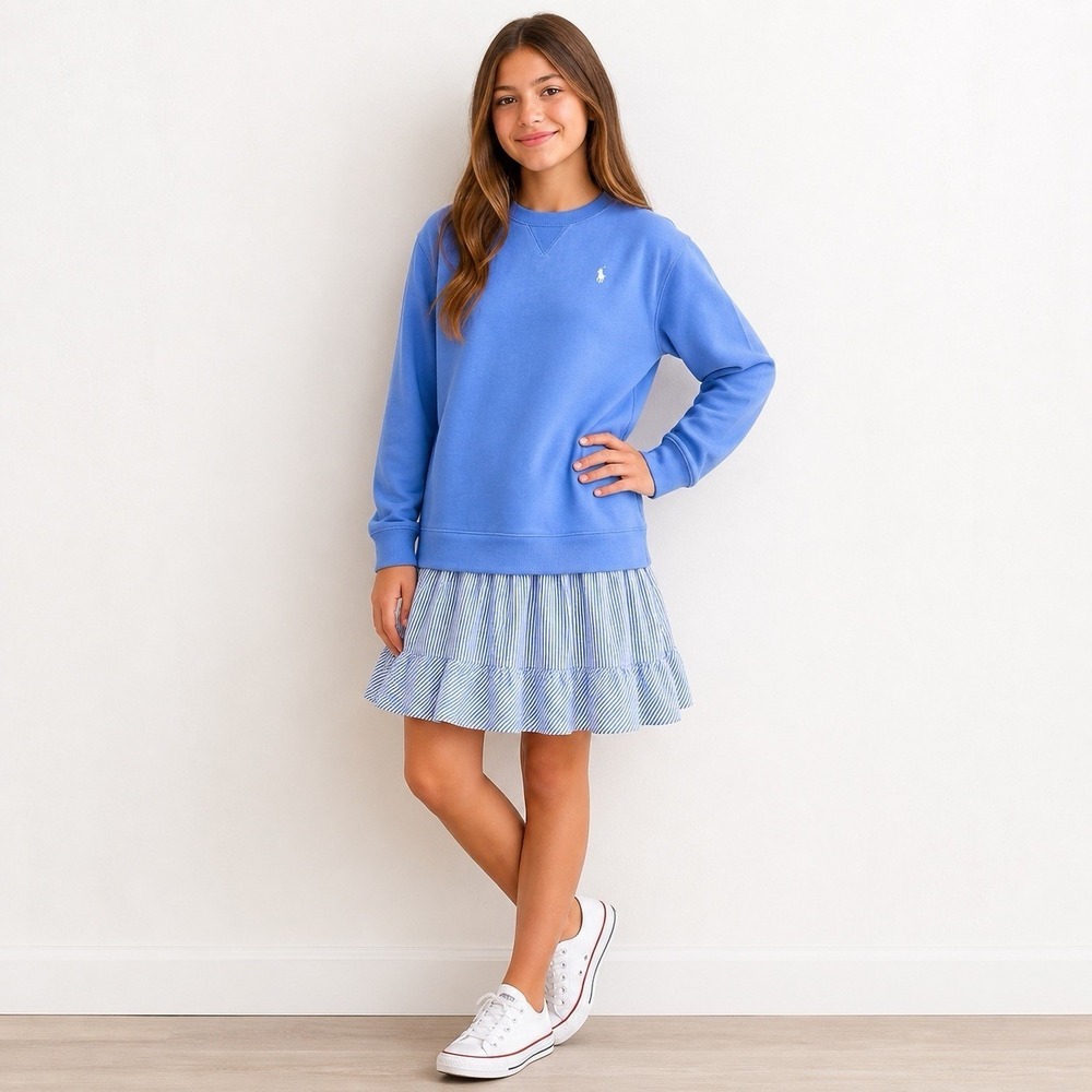 Polo Ralph Lauren Youth Girls Sweatshirt Dress XL 16 Blue Seersucker Hem Preppy